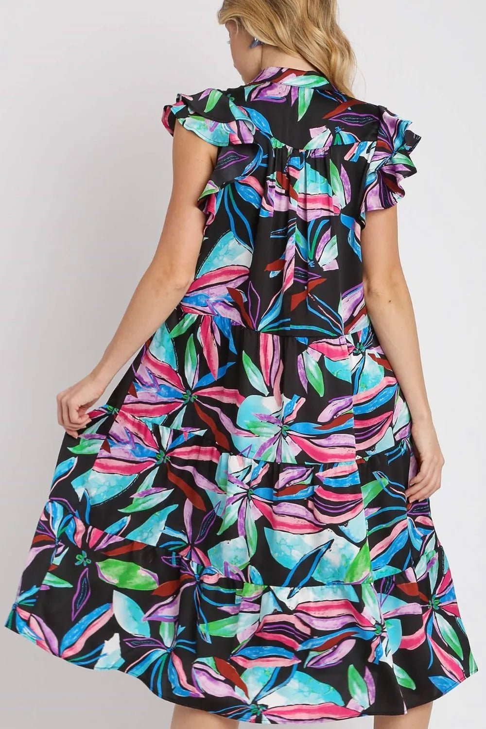 Umgee Full Size Leaf Print Double Layered Ruffle Sleeve Tiered Midi Dress - Bitsy Gypsy Boutique