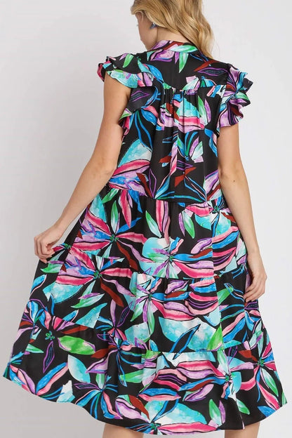 Umgee Full Size Leaf Print Double Layered Ruffle Sleeve Tiered Midi Dress - Bitsy Gypsy Boutique