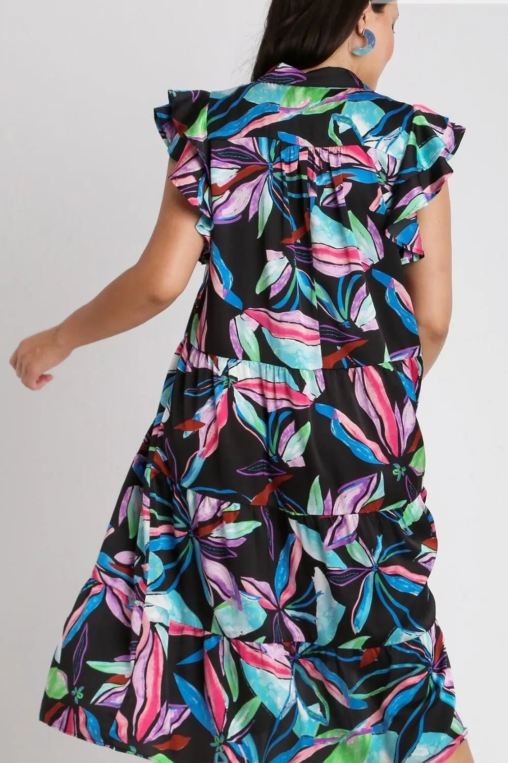 Umgee Full Size Leaf Print Double Layered Ruffle Sleeve Tiered Midi Dress - Bitsy Gypsy Boutique