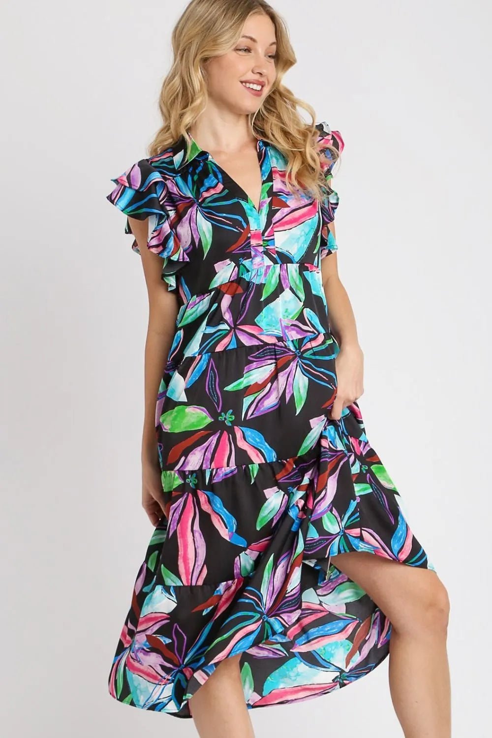 Umgee Full Size Leaf Print Double Layered Ruffle Sleeve Tiered Midi Dress - Bitsy Gypsy Boutique