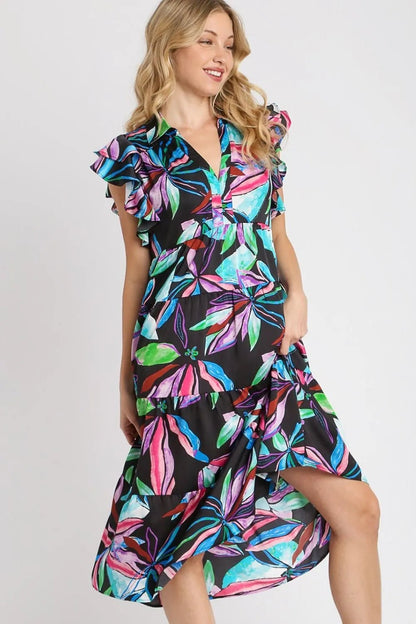 Umgee Full Size Leaf Print Double Layered Ruffle Sleeve Tiered Midi Dress - Bitsy Gypsy Boutique