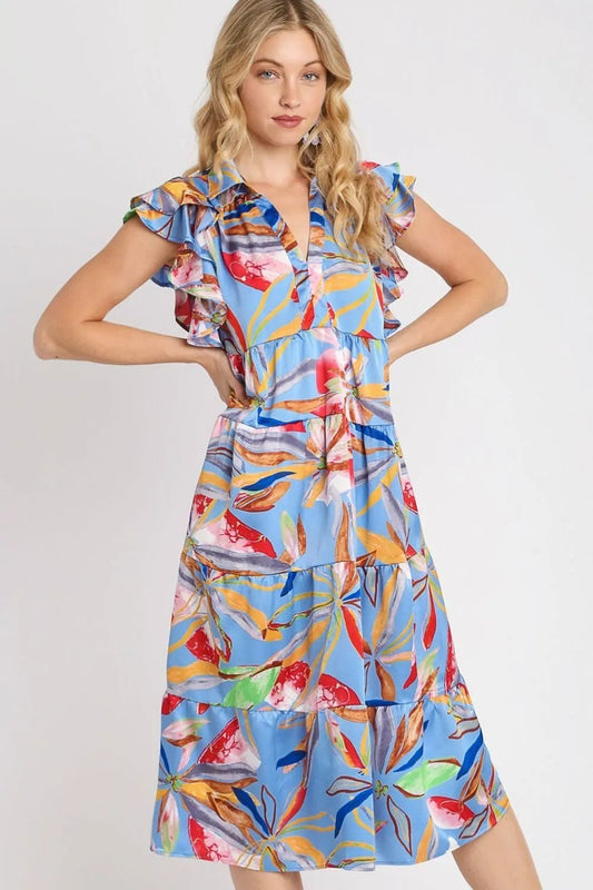 Umgee Full Size Leaf Print Double Layered Ruffle Sleeve Tiered Midi Dress Plus Size - Bitsy Gypsy Boutique
