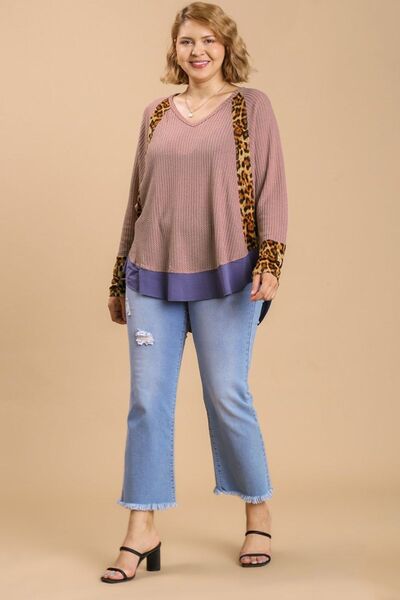 Umgee Full Size Leopard High - Low Dolman Sleeve Waffle Knit Top Plus Size - Bitsy Gypsy Boutique