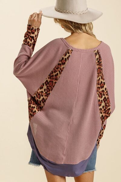 Umgee Full Size Leopard High - Low Dolman Sleeve Waffle Knit Top Plus Size - Bitsy Gypsy Boutique