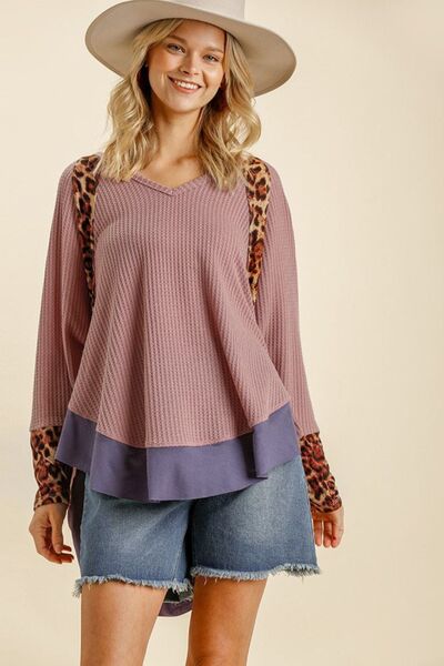 Umgee Full Size Leopard High - Low Dolman Sleeve Waffle Knit Top Plus Size - Bitsy Gypsy Boutique