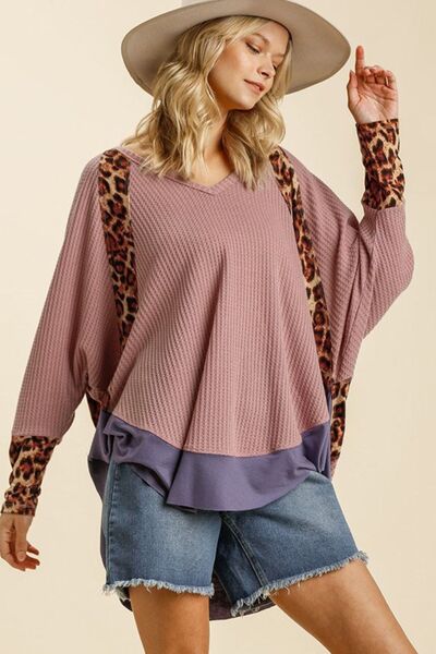 Umgee Full Size Leopard High - Low Dolman Sleeve Waffle Knit Top Plus Size - Bitsy Gypsy Boutique