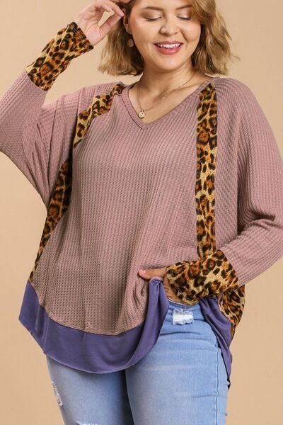 Umgee Full Size Leopard High - Low Dolman Sleeve Waffle Knit Top Plus Size - Bitsy Gypsy Boutique