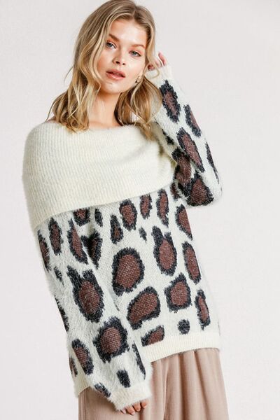 Umgee Full Size Leopard Off - Shoulder Long Sleeve Sweater Plus Size - Bitsy Gypsy Boutique