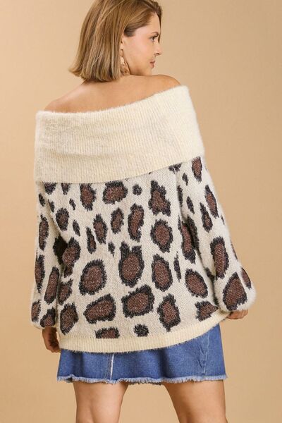 Umgee Full Size Leopard Off - Shoulder Long Sleeve Sweater Plus Size - Bitsy Gypsy Boutique