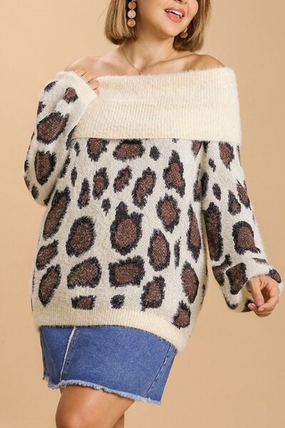 Umgee Full Size Leopard Off - Shoulder Long Sleeve Sweater Plus Size - Bitsy Gypsy Boutique