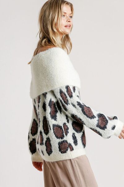 Umgee Full Size Leopard Off - Shoulder Long Sleeve Sweater Plus Size - Bitsy Gypsy Boutique