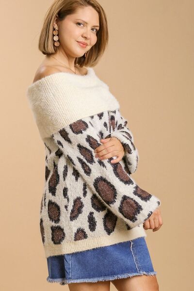 Umgee Full Size Leopard Off - Shoulder Long Sleeve Sweater Plus Size - Bitsy Gypsy Boutique