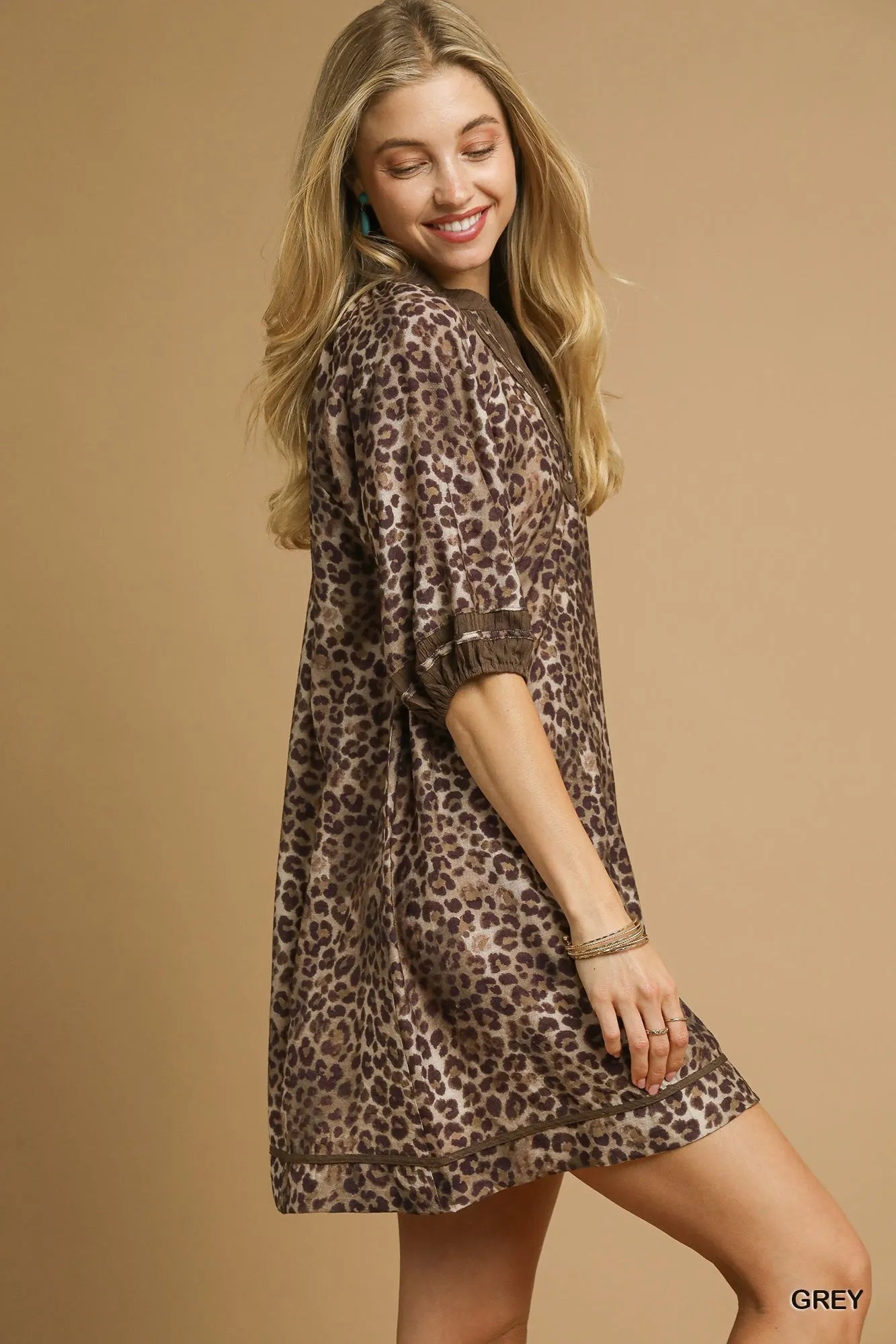 Umgee Full Size Leopard Print Mini Dress with Contrast Trim Plus Size - Bitsy Gypsy Boutique