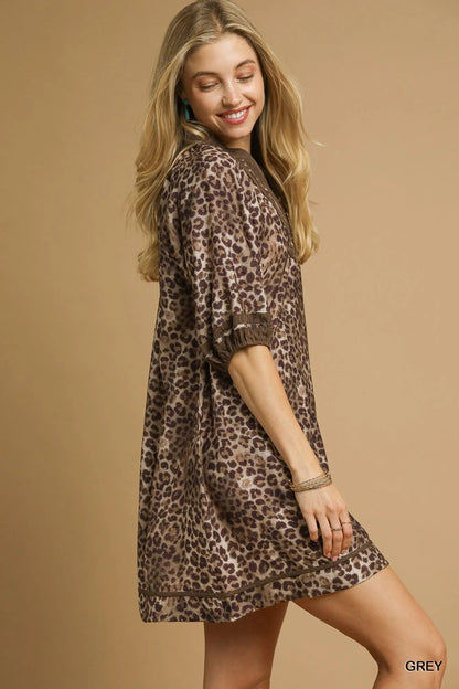 Umgee Full Size Leopard Print Mini Dress with Contrast Trim Plus Size - Bitsy Gypsy Boutique