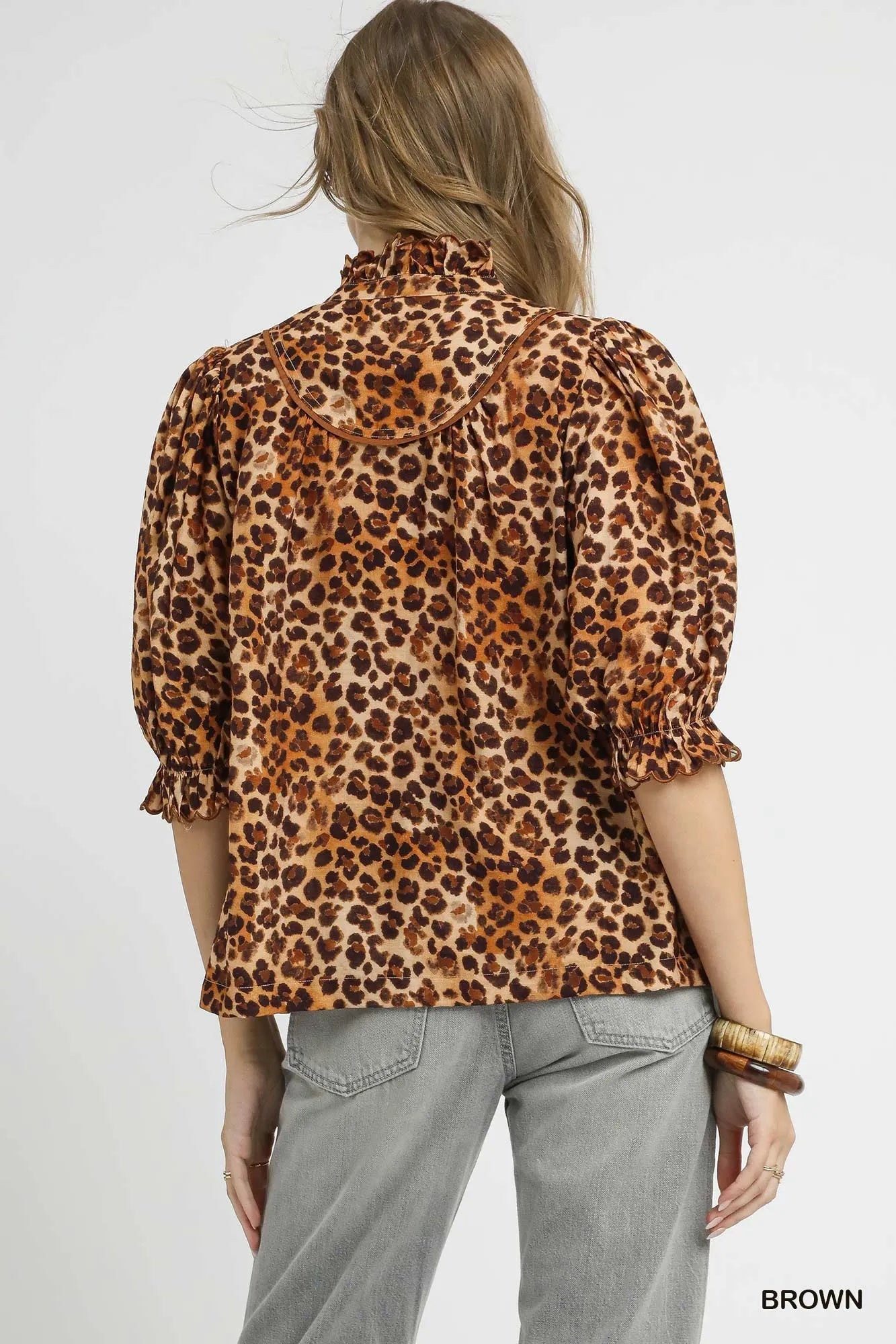 Umgee Full Size Leopard Print Ruffle Neck Blouse - Bitsy Gypsy Boutique