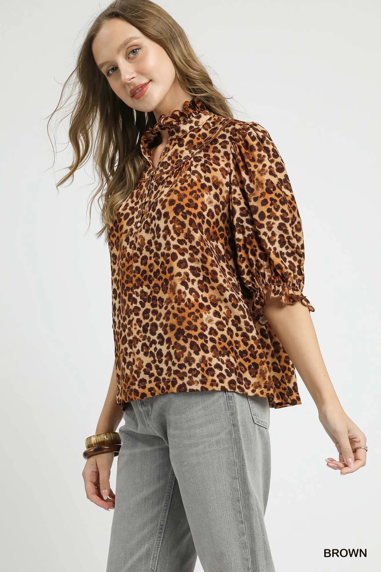 Umgee Full Size Leopard Print Ruffle Neck Blouse - Bitsy Gypsy Boutique
