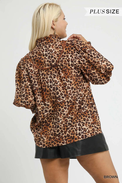Umgee Full Size Leopard Print Ruffle Neck Blouse - Bitsy Gypsy Boutique