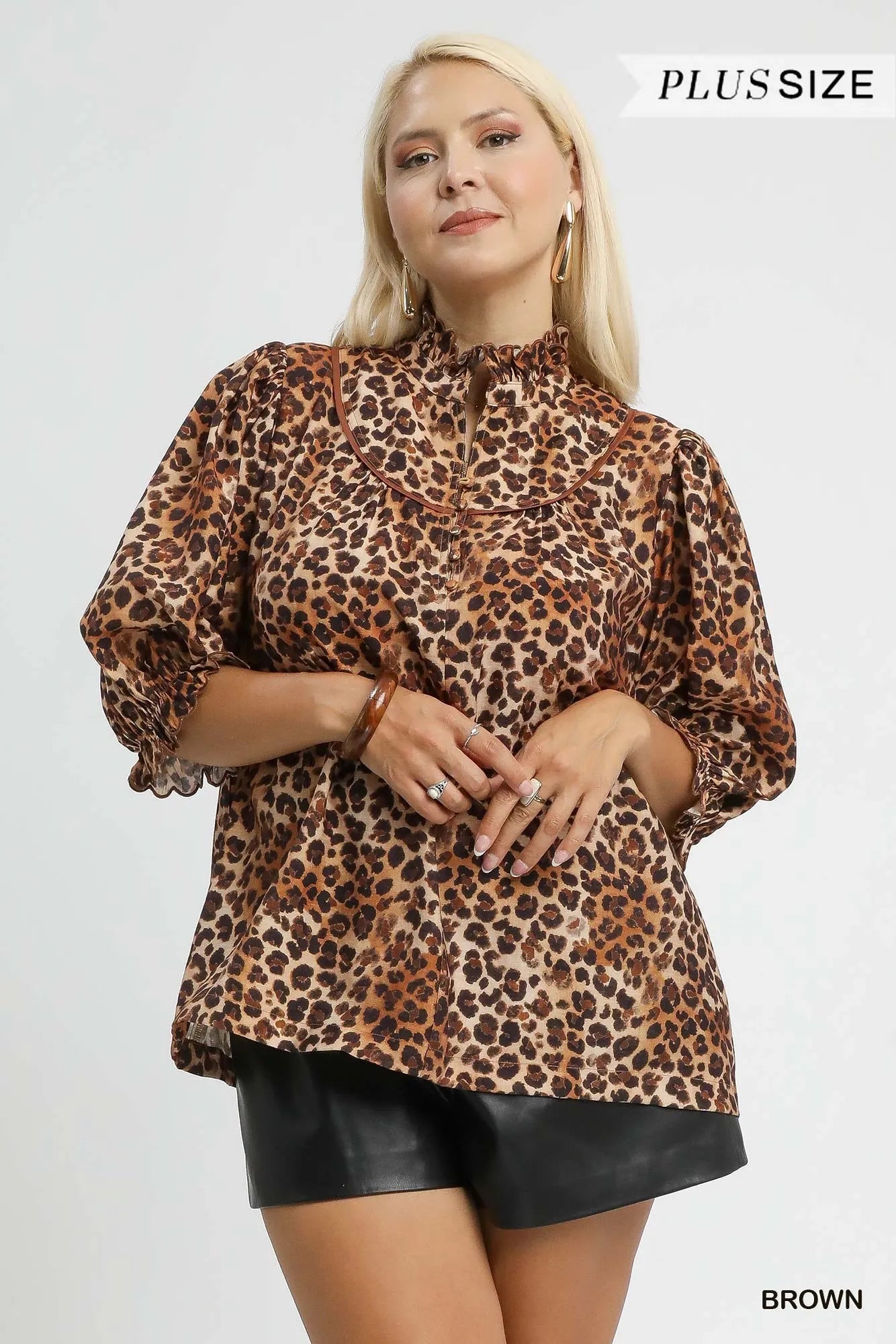 Umgee Full Size Leopard Print Ruffle Neck Blouse - Bitsy Gypsy Boutique