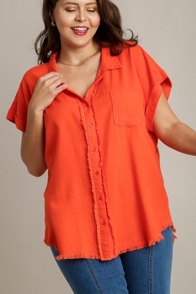 Umgee Full Size Linen Blend Button Down Short Folded Sleeve Shirt Plus Size - Bitsy Gypsy Boutique