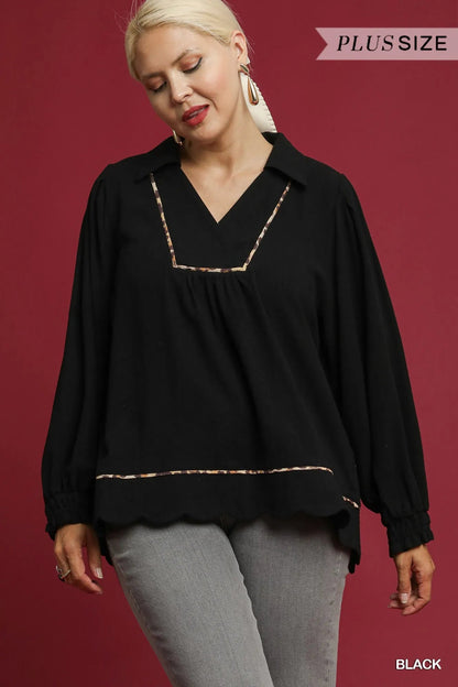 Umgee Full Size Linen Scallop Hem Blouse with Contrast Trim Plus Size - Bitsy Gypsy Boutique