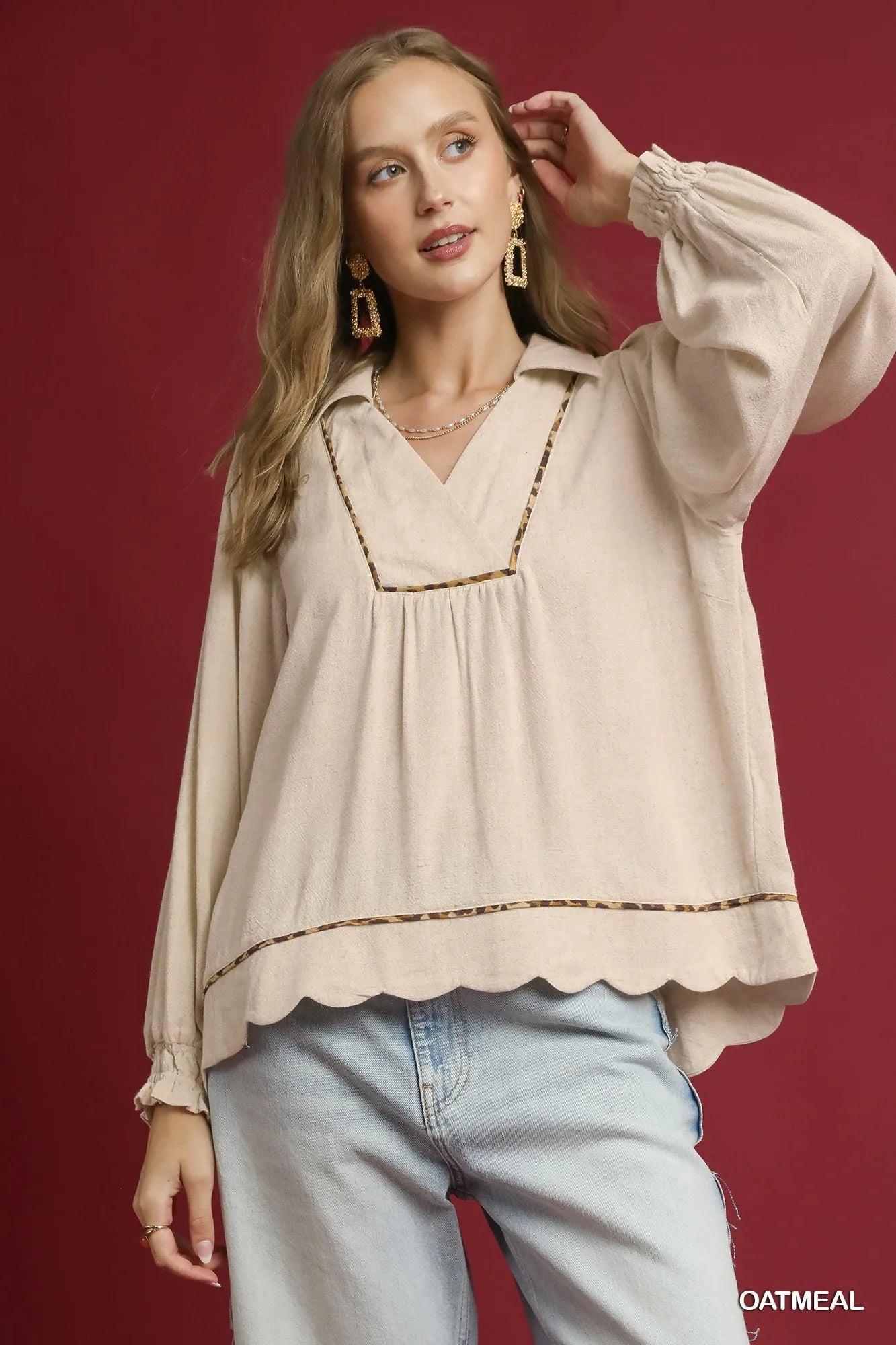 Umgee Full Size Linen Scallop Hem Blouse with Contrast Trim Plus Size - Bitsy Gypsy Boutique