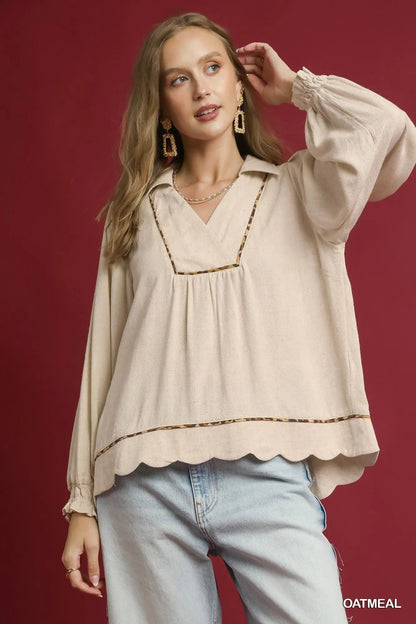 Umgee Full Size Linen Scallop Hem Blouse with Contrast Trim Plus Size - Bitsy Gypsy Boutique