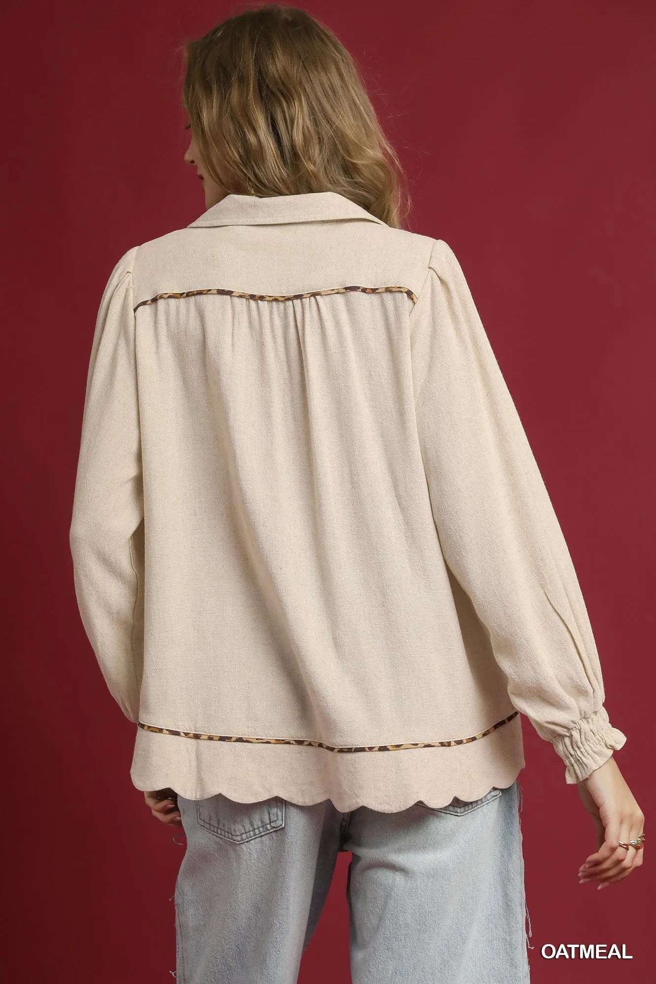 Umgee Full Size Linen Scallop Hem Blouse with Contrast Trim Plus Size - Bitsy Gypsy Boutique