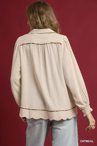 Umgee Full Size Linen Scallop Hem Blouse with Contrast Trim Plus Size - Bitsy Gypsy Boutique