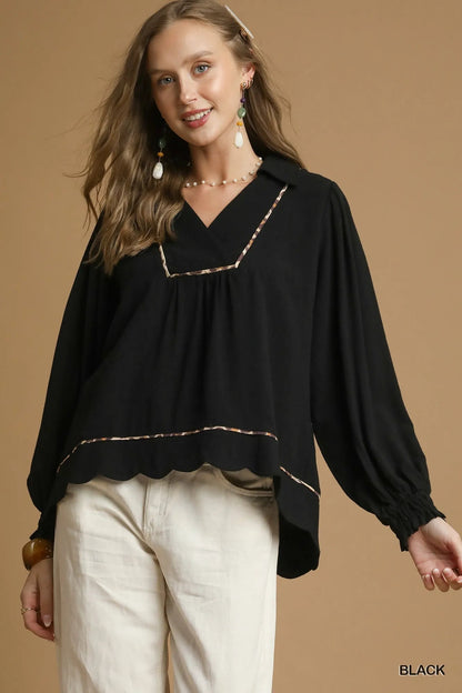 Umgee Full Size Linen Scallop Hem Blouse with Contrast Trim Plus Size - Bitsy Gypsy Boutique