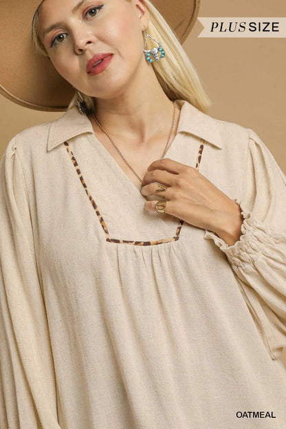 Umgee Full Size Linen Scallop Hem Blouse with Contrast Trim Plus Size - Bitsy Gypsy Boutique