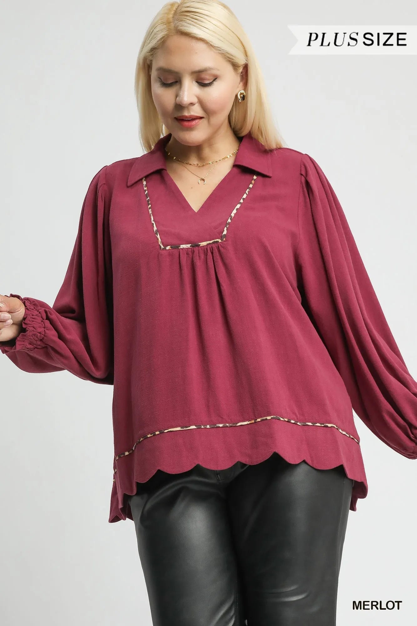 Umgee Full Size Linen Scallop Hem Blouse with Contrast Trim Plus Size - Bitsy Gypsy Boutique