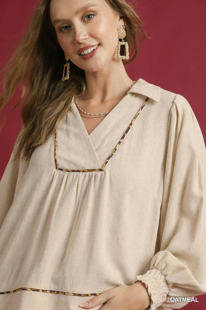 Umgee Full Size Linen Scallop Hem Blouse with Contrast Trim Plus Size - Bitsy Gypsy Boutique
