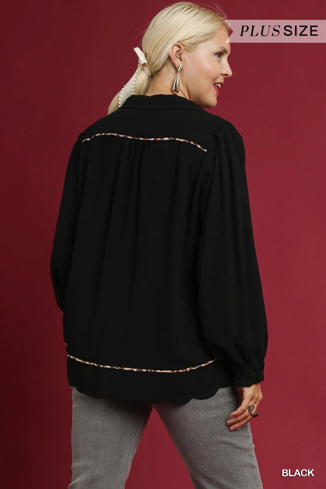 Umgee Full Size Linen Scallop Hem Blouse with Contrast Trim Plus Size - Bitsy Gypsy Boutique