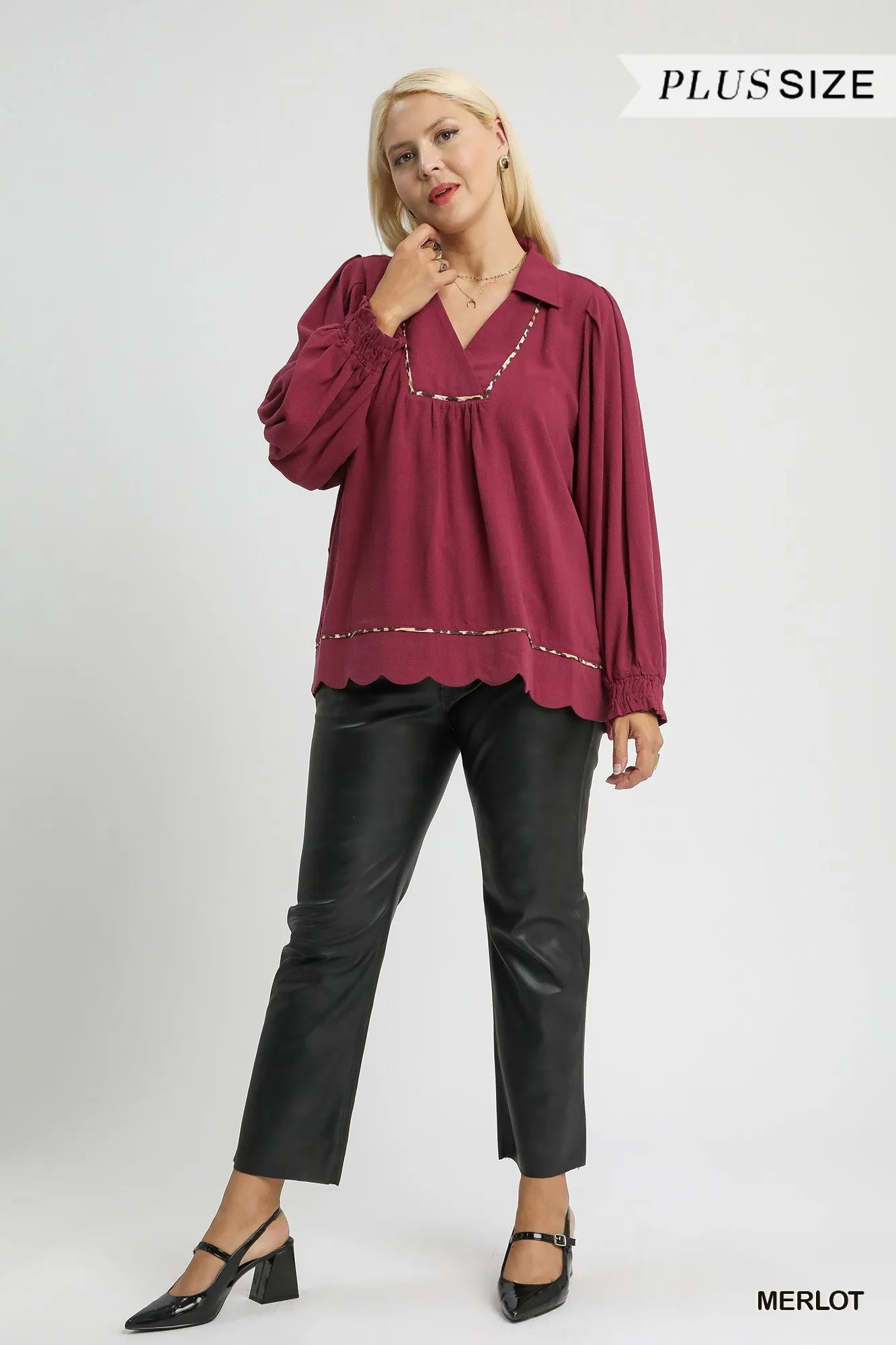 Umgee Full Size Linen Scallop Hem Blouse with Contrast Trim Plus Size - Bitsy Gypsy Boutique