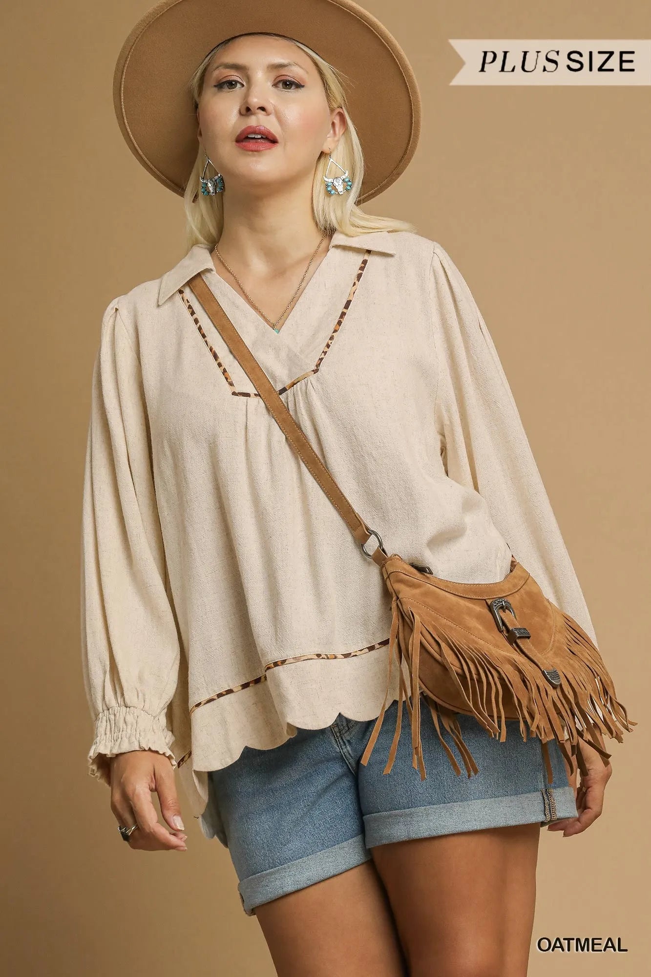 Umgee Full Size Linen Scallop Hem Blouse with Contrast Trim Plus Size - Bitsy Gypsy Boutique