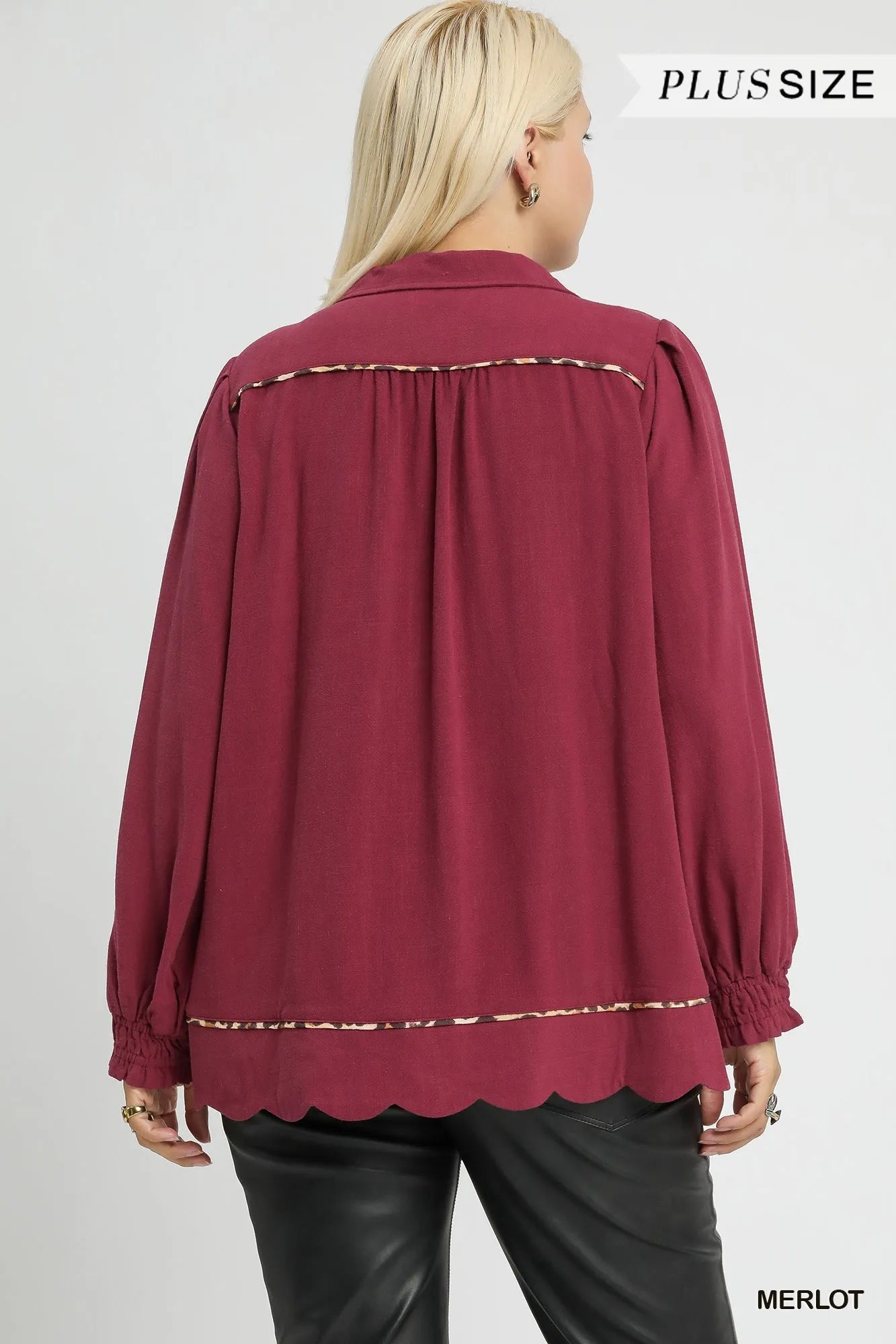 Umgee Full Size Linen Scallop Hem Blouse with Contrast Trim Plus Size - Bitsy Gypsy Boutique