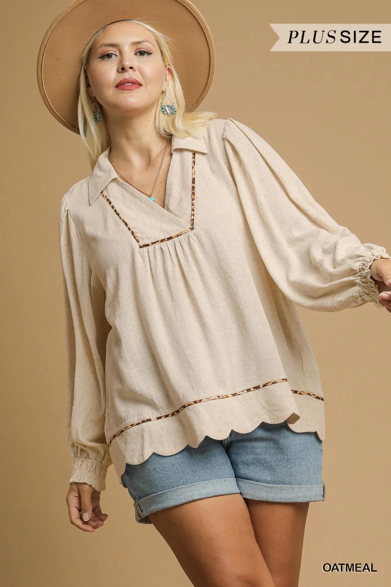 Umgee Full Size Linen Scallop Hem Blouse with Contrast Trim Plus Size - Bitsy Gypsy Boutique