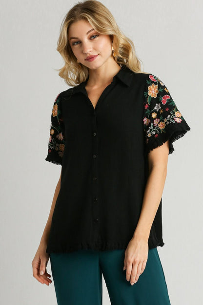 Umgee Full Size Linen Shirt with Embroidered Sleeves - Bitsy Gypsy Boutique