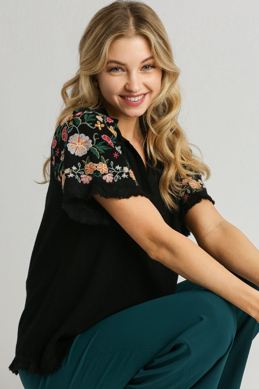 Umgee Full Size Linen Shirt with Embroidered Sleeves - Bitsy Gypsy Boutique