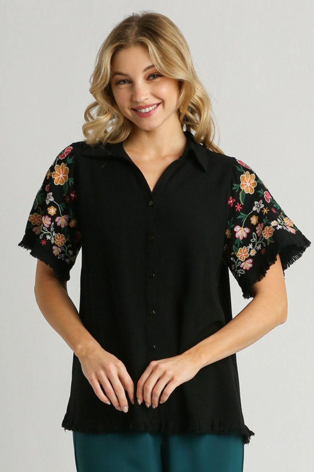 Umgee Full Size Linen Shirt with Embroidered Sleeves - Bitsy Gypsy Boutique