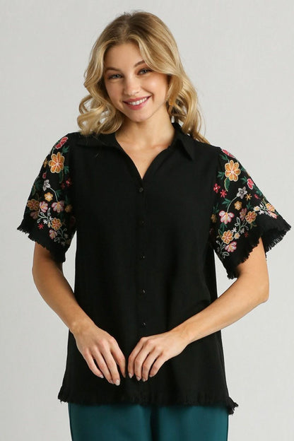 Umgee Full Size Linen Shirt with Embroidered Sleeves - Bitsy Gypsy Boutique