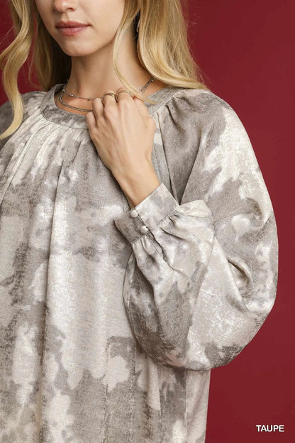 Umgee Full Size Metallic Fabric Blouse with Balloon Sleeves Plus Size - Bitsy Gypsy Boutique