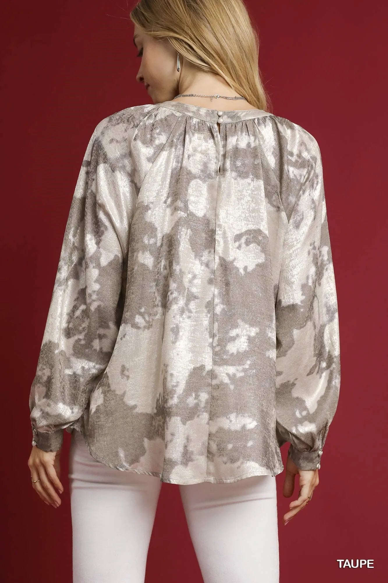 Umgee Full Size Metallic Fabric Blouse with Balloon Sleeves Plus Size - Bitsy Gypsy Boutique