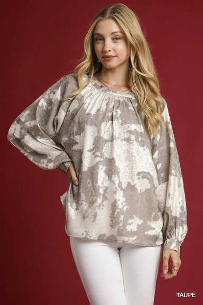 Umgee Full Size Metallic Fabric Blouse with Balloon Sleeves Plus Size - Bitsy Gypsy Boutique