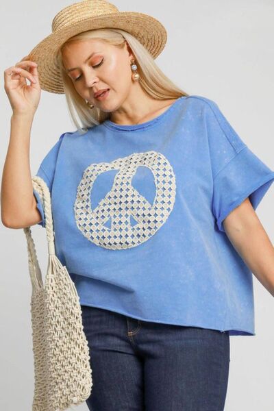Umgee Full Size Mineral Wash T-Shirt with Lace Applique Plus Size - Bitsy Gypsy Boutique