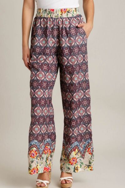 Umgee Full Size Mixed Print Elastic Waistband Pants Plus Size - Bitsy Gypsy Boutique