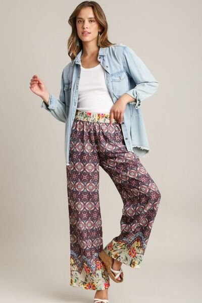 Umgee Full Size Mixed Print Elastic Waistband Pants Plus Size - Bitsy Gypsy Boutique