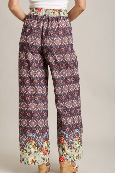 Umgee Full Size Mixed Print Elastic Waistband Pants Plus Size - Bitsy Gypsy Boutique