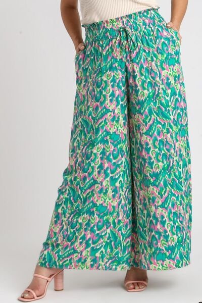 Umgee Full Size Mixed Print High Waist Wide Leg Pants Plus Size - Bitsy Gypsy Boutique