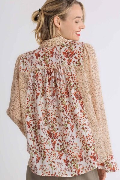 Umgee Full Size Mixed Print Metallic Detail Long Ruffle Sleeve Button Down Shirt Plus Size - Bitsy Gypsy Boutique